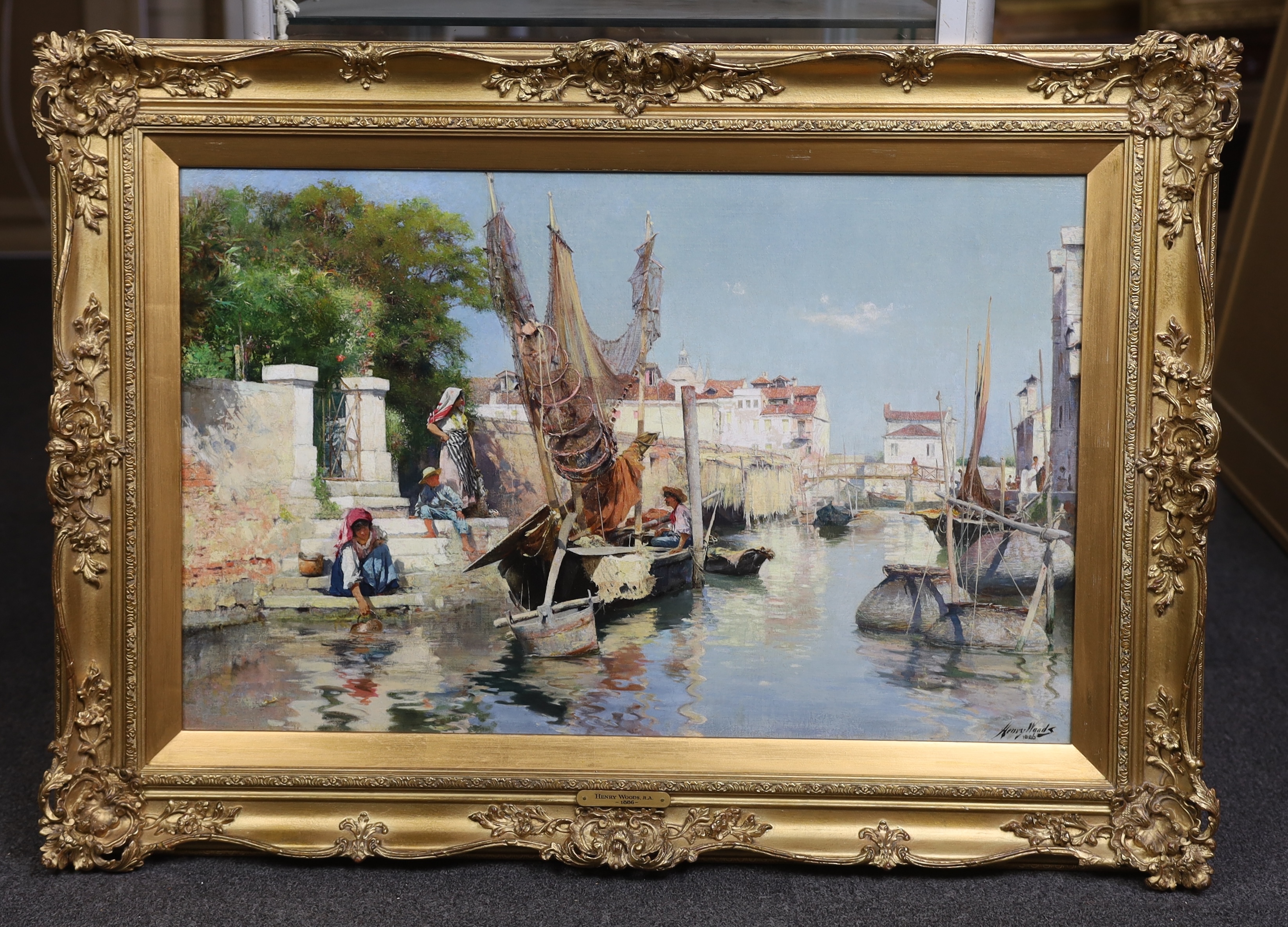 Henry Woods RA (English, 1846-1921), 'Venetian side canal', oil on panel, 46 x 72cm